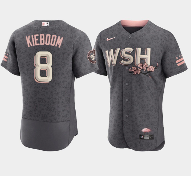 Men's Washington Nationals #8 Carter Kieboom 2022 Grey City Connect Cherry Blossom Flex Base Stitched MLB Jersey